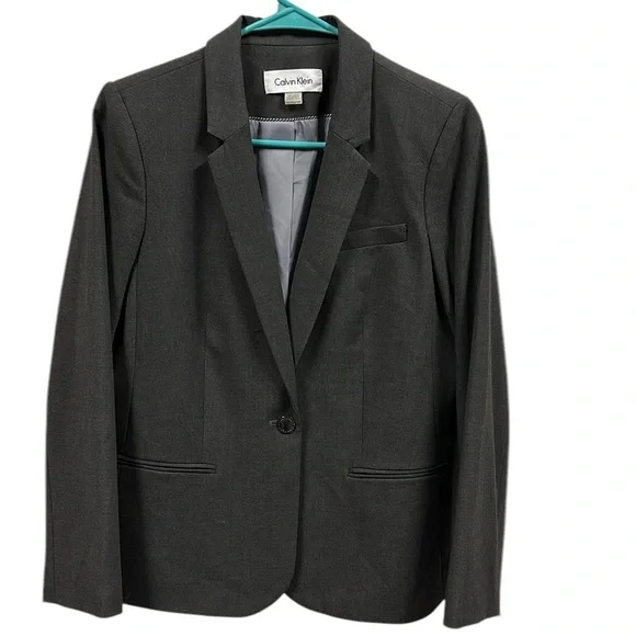Calvin Klein Dark Gray 1 Button Front Blazer Jacket 3 Faux Pockets Womens 10P - Picture 3 of 13